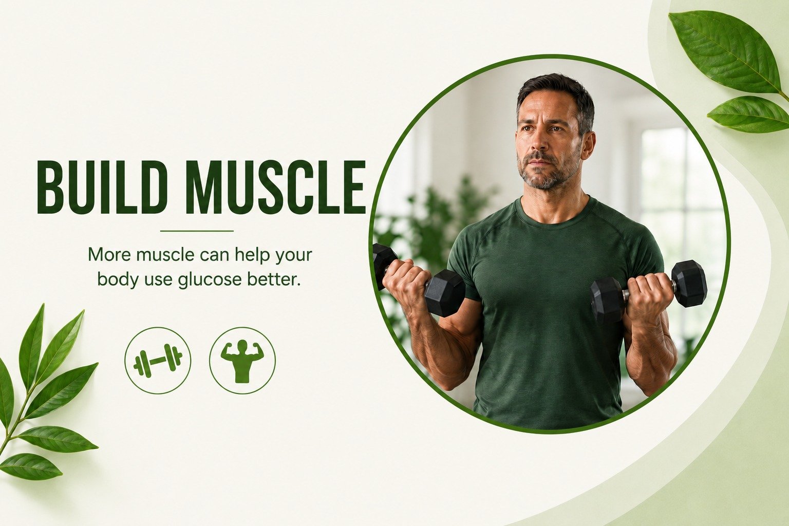 A fit man over 40 working out with dumbbells to build muscle mass for better glucose utilization.