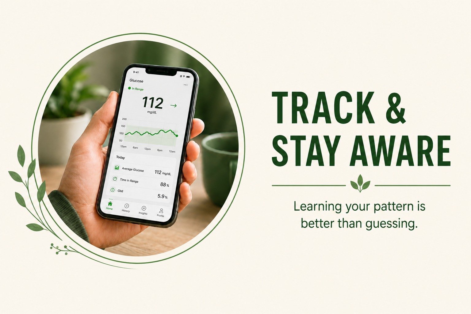 A man over 40 checking his overnight glucose pattern on his smartphone using a Continuous Glucose Monitor (CGM) sensor on his arm.