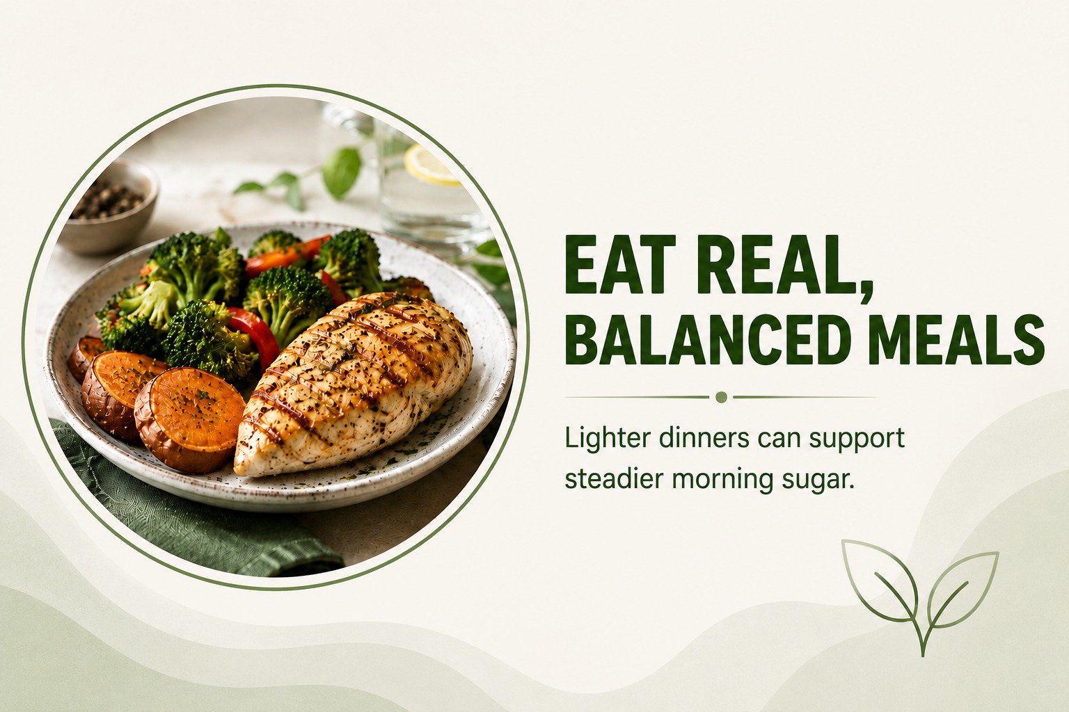 A balanced, healthy dinner plate containing grilled chicken breast, broccoli, and sweet potatoes.