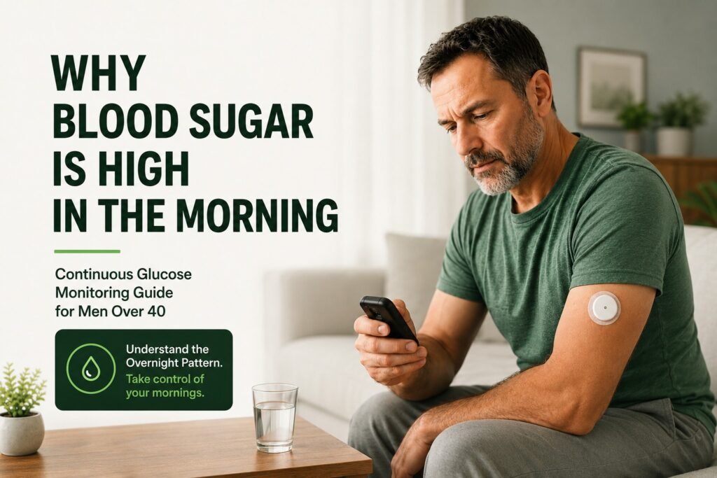 Text: A man over 40 checking his overnight glucose pattern on his smartphone using a Continuous Glucose Monitor (CGM) sensor on his arm.