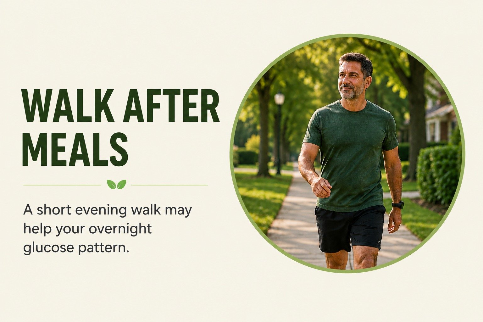 A man over 40 taking a relaxing outdoor evening walk to help steady his overnight glucose pattern.