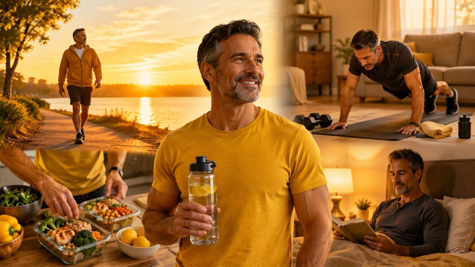 A collage displaying healthy habits for men over 40: evening walking at sunset, strength training pushups, eating high protein meals, and reading a book in bed