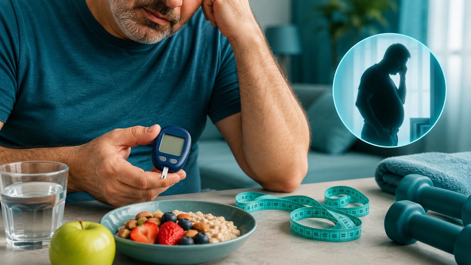 A man holding a blood sugar glucometer near a healthy breakfast bowl, with an inset circle showing a silhouette of a man with belly fat and stress.