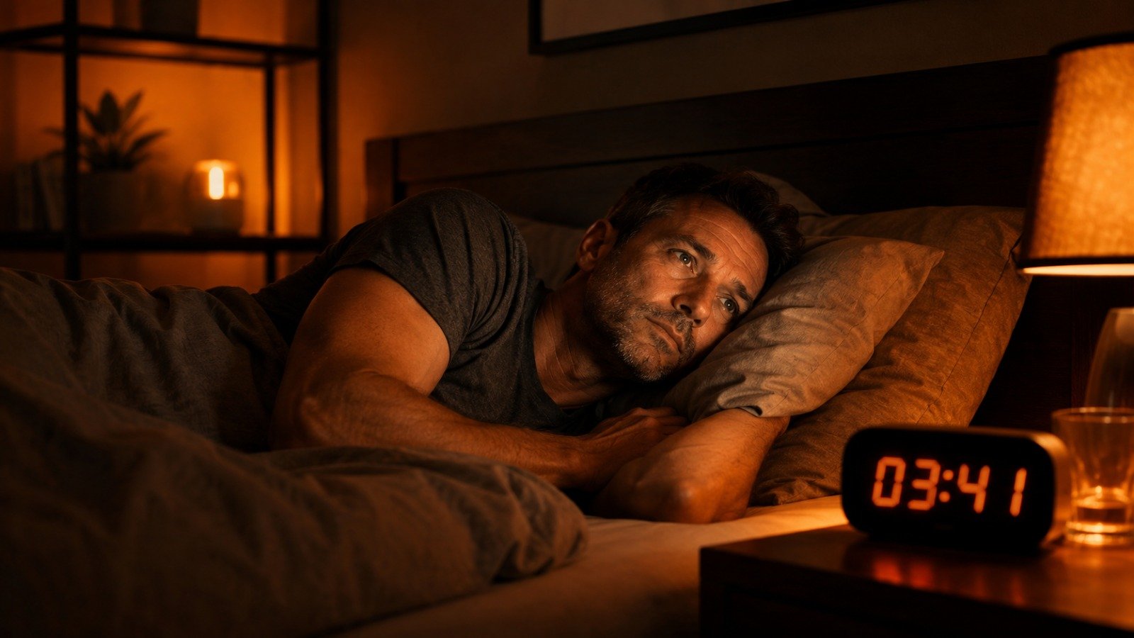 A middle-aged man lying awake in bed at night looking stressed and looking towards a digital clock showing 03:41 AM, illustrating sleep deprivation.