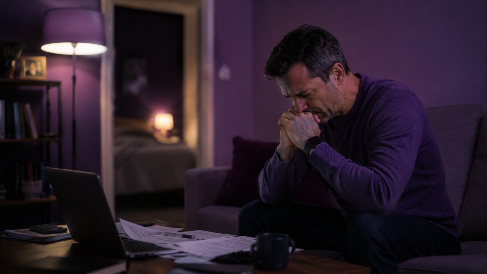 Stressed professional man sitting at his home desk at night surrounded by financial and work papers, causing performance anxiety and low desire.