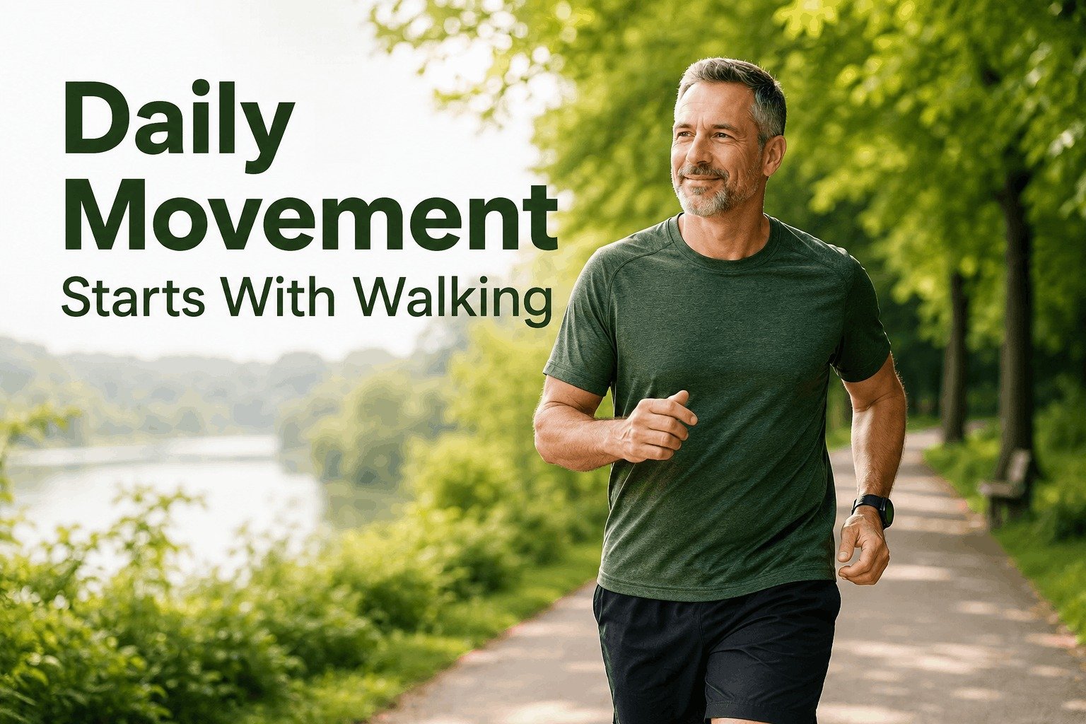 A mature man walking and jogging on a park path next to a river demonstrating daily movement and walking routines for men over 40.