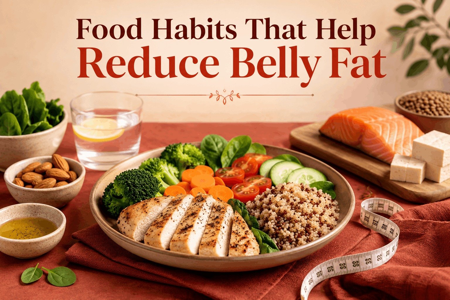 A healthy portion-controlled plate with grilled chicken breast, quinoa, broccoli, and clean whole foods to help reduce belly fat after 40.