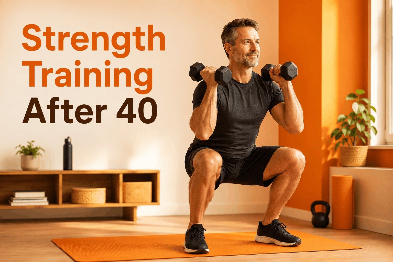 A fit man over 40 performing dumbbell squats on an exercise mat showing a beginner strength training routine at home.