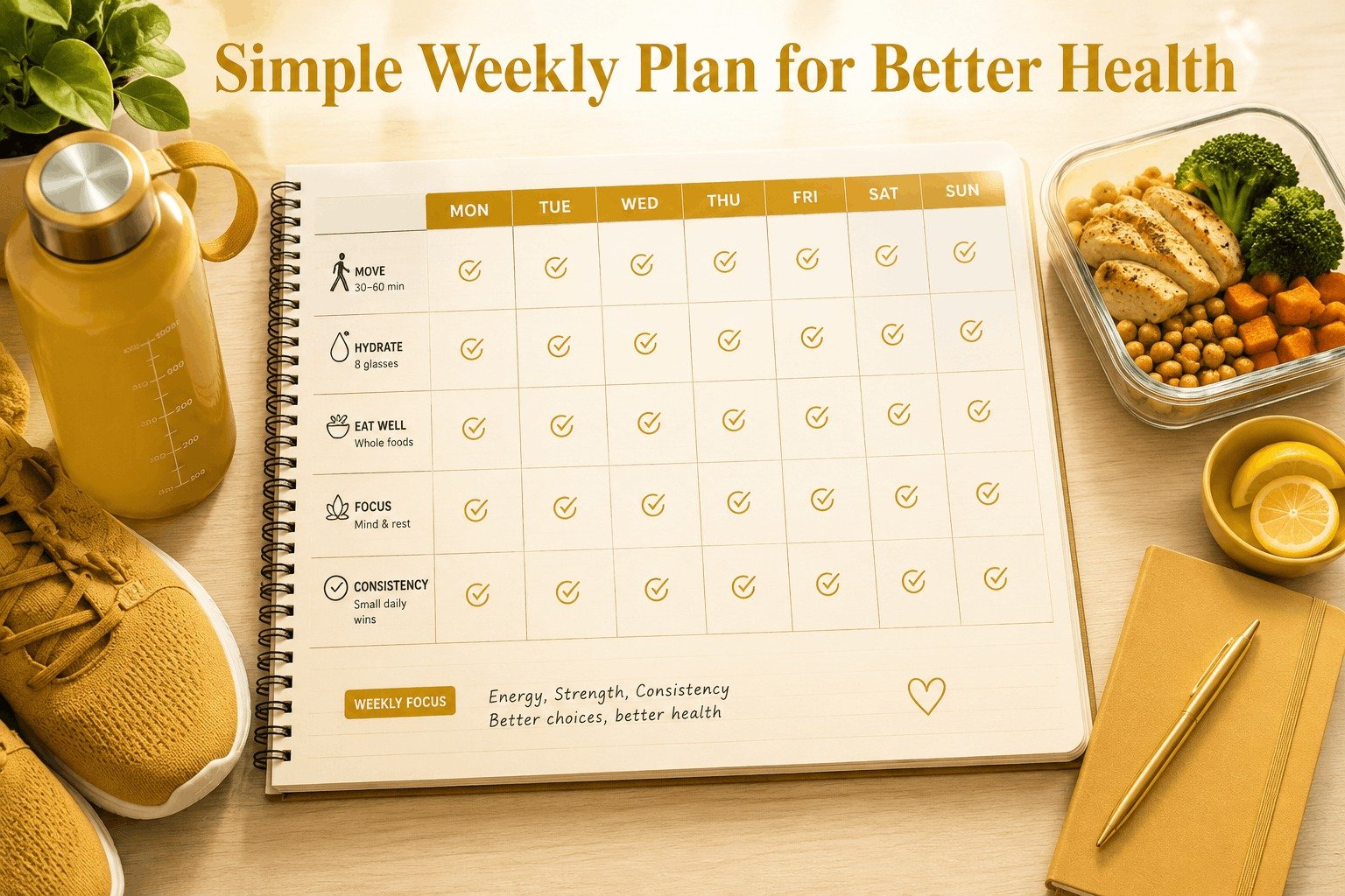 A weekly fitness and nutrition planner notebook with checkmarks for daily movement, hydration, and healthy eating habits.
