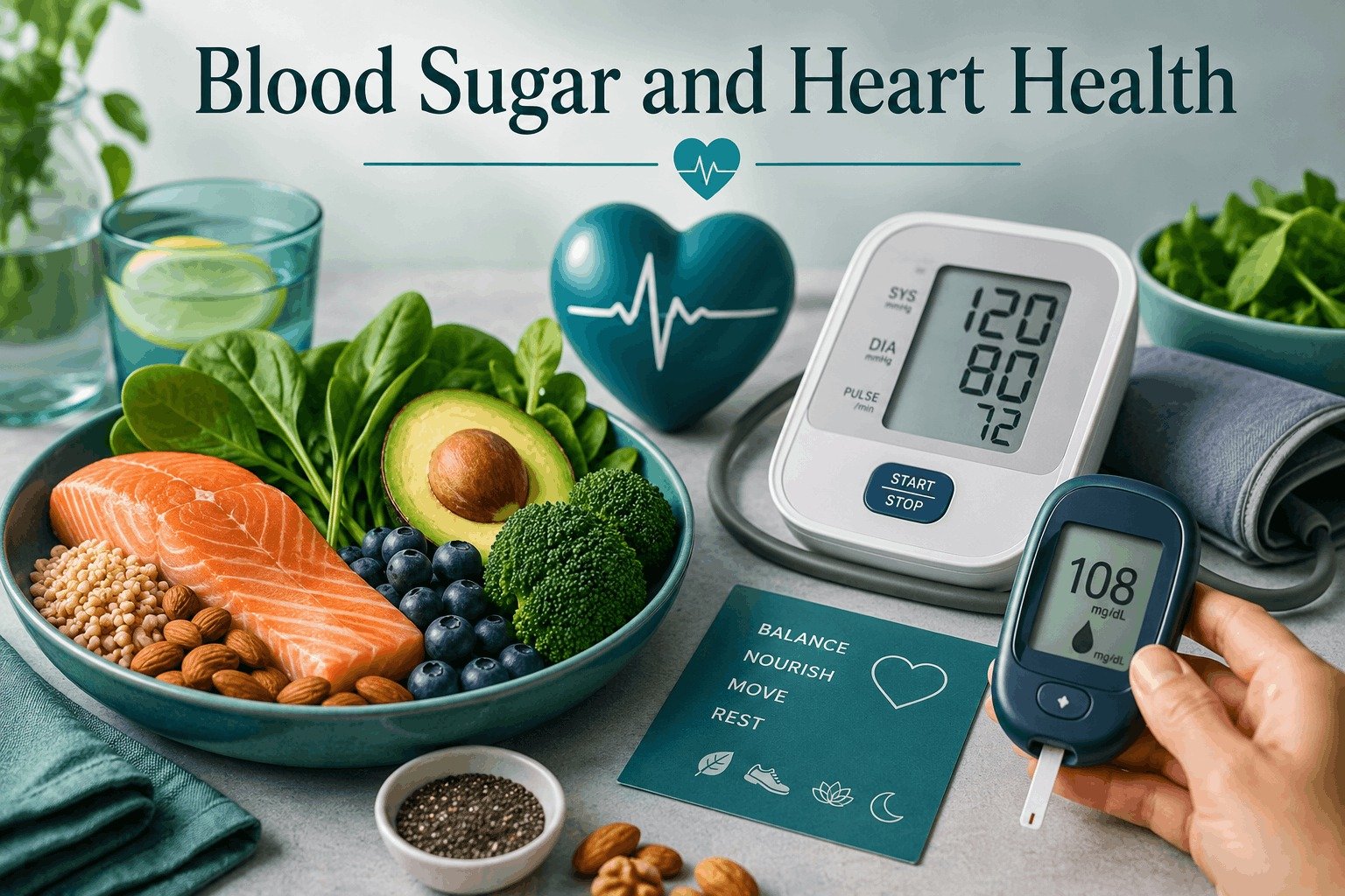 A blood pressure monitor showing 120 over 80 and a glucose meter displaying 108 mg per dL next to a heart-healthy salmon salad bowl.
