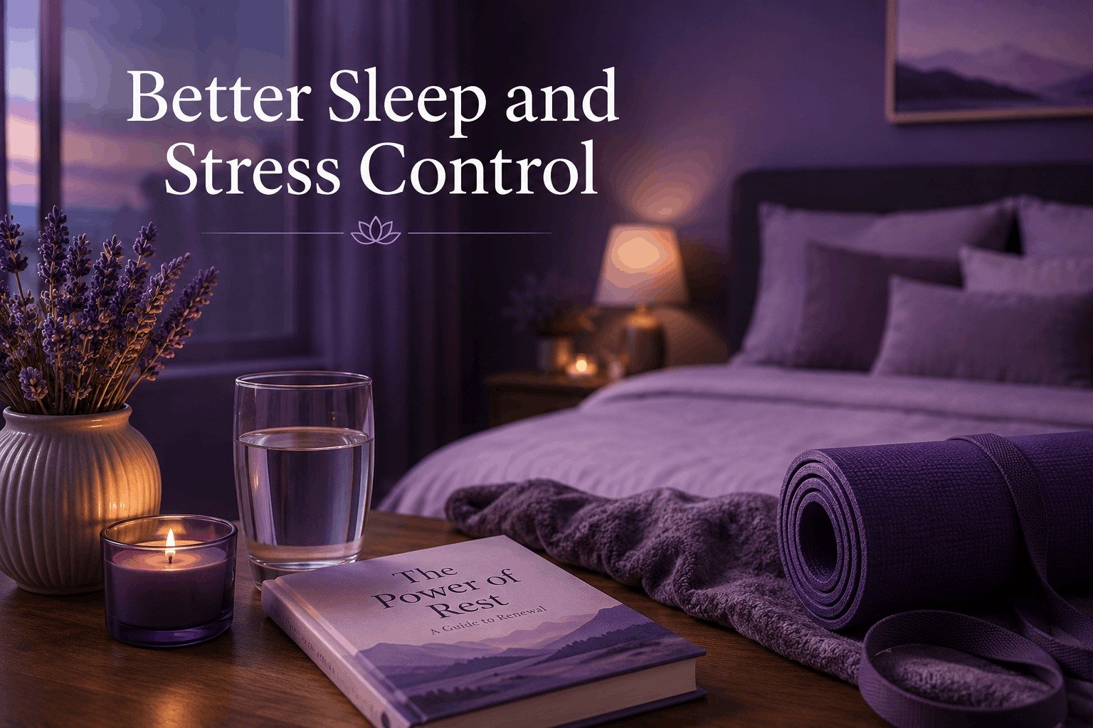 A calming purple bedroom setup with lavender flowers, a candle, a glass of water, and a book on rest to improve sleep and control stress.