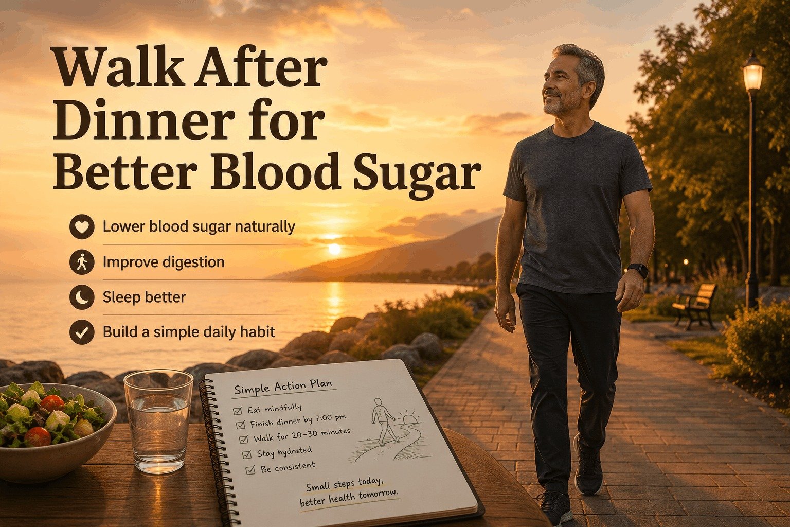 A senior man over 40 happily walking along a lakeside pathway at sunset after dinner to lower his blood sugar naturally.