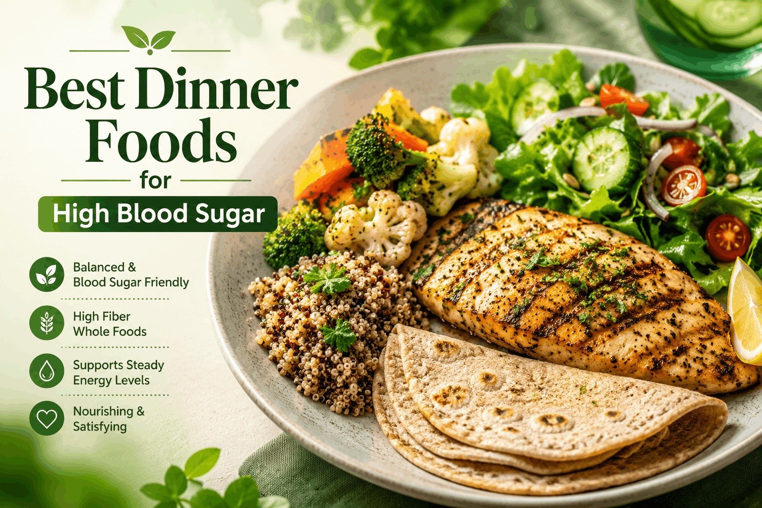 A beautifully arranged healthy plate featuring grilled chicken breast, fiber-rich quinoa, whole grain roti, and mixed colorful vegetables.