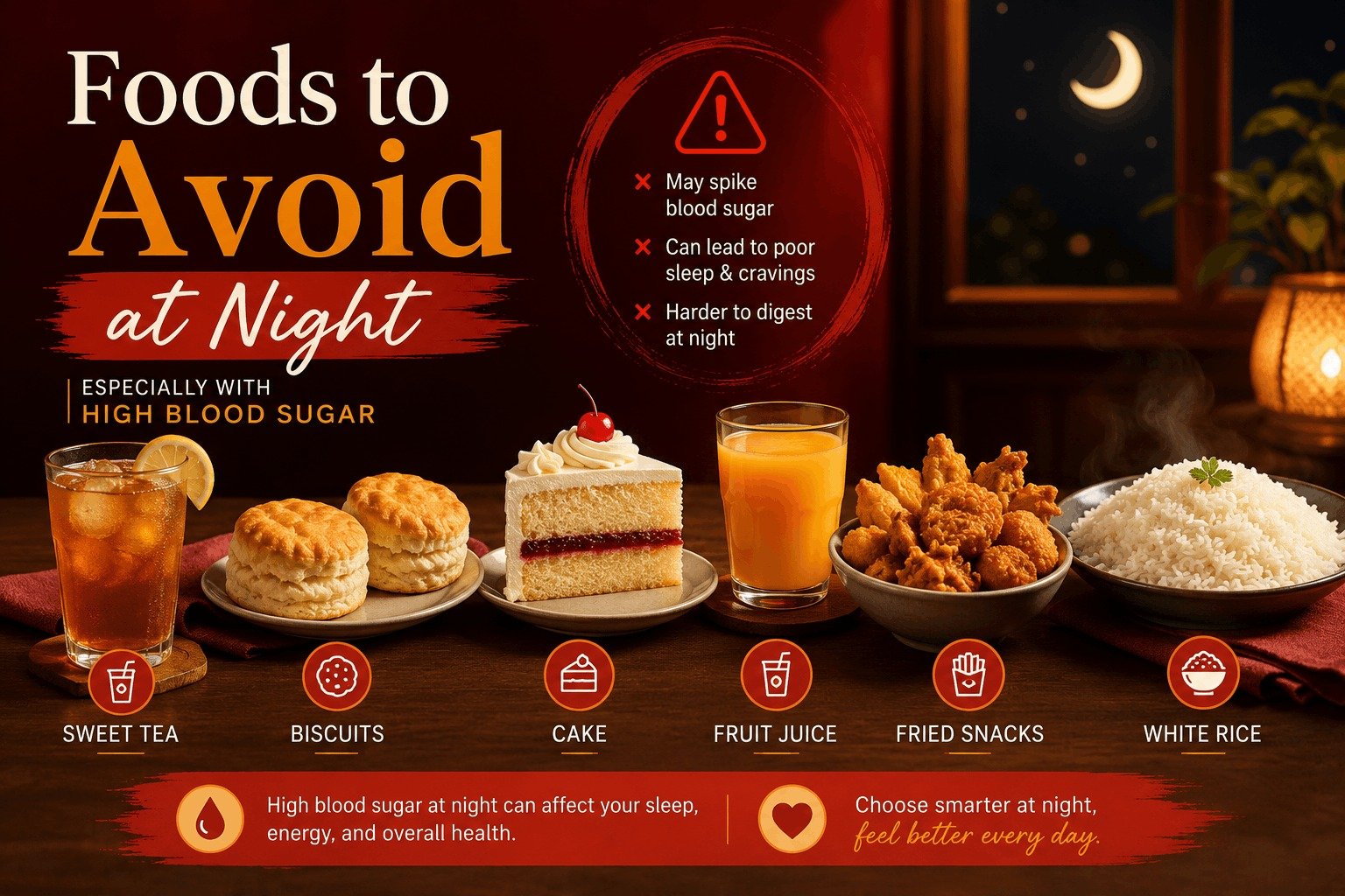 A dangerous late-night snack selection including sweet tea, biscuits, cake, fruit juice, fried snacks, and a large bowl of white rice that can spike blood sugar.
