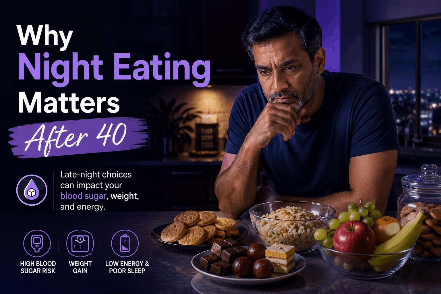 A thoughtful older man over 40 looking at an unhealthy late-night spread of cookies, sweets, and white rice, illustrating the risks of high blood sugar and weight gain.