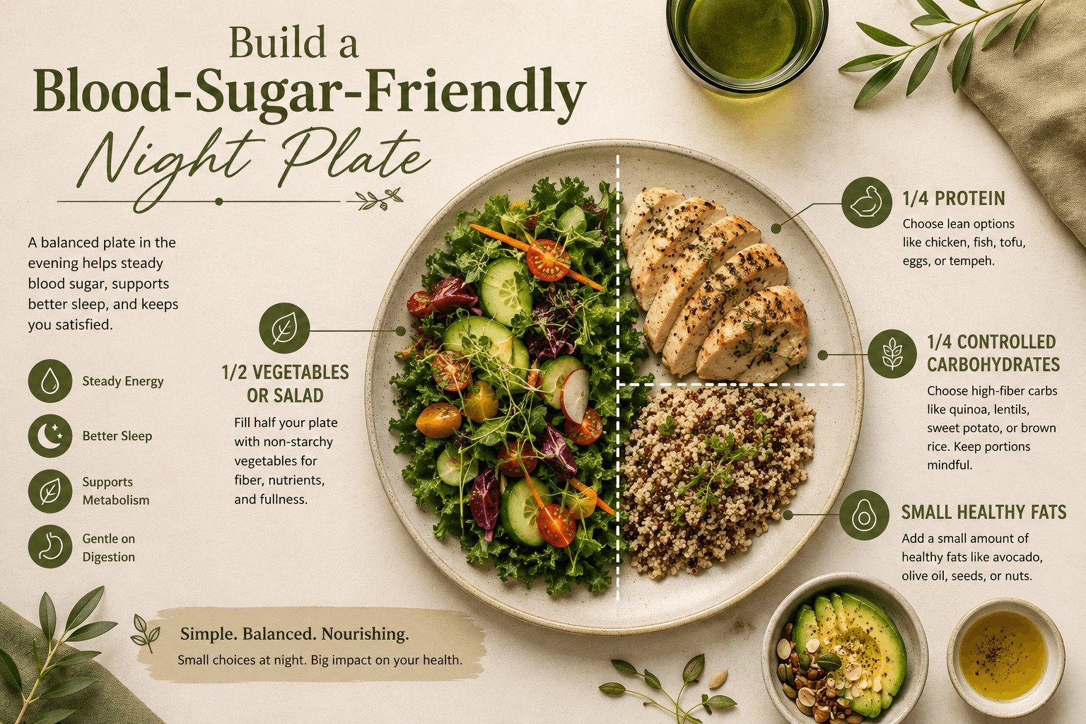 An infographic diagram of a dinner plate split into half vegetables or salad, one-quarter lean protein, one-quarter controlled carbohydrates, and a small side of healthy fats.