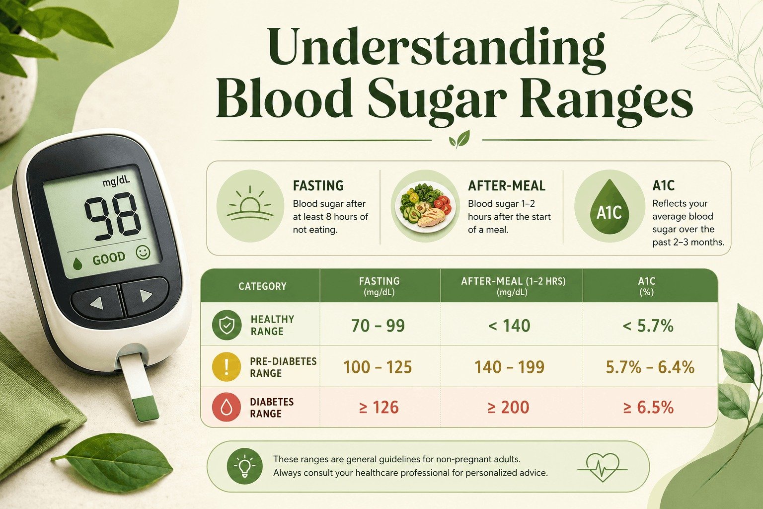 An infographic chart titled 'Understanding Blood Sugar Ranges' showing a glucose meter reading 98 mg/dL alongside categories for healthy, pre-diabetes, and diabetes ranges for fasting, after-meal, and A1C tests.