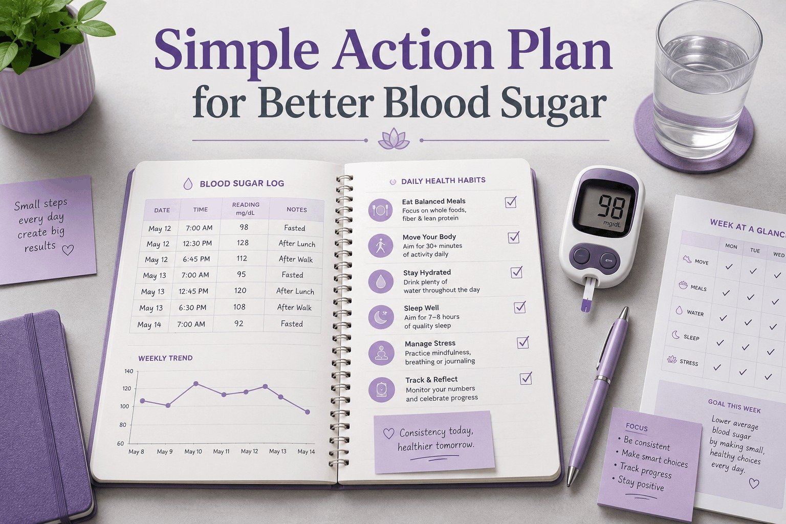 An overhead view of a wellness planner notebook open to a 'Simple Action Plan for Better Blood Sugar' containing a daily health checklist, weekly trends graph, and a blood sugar log next to a digital meter.