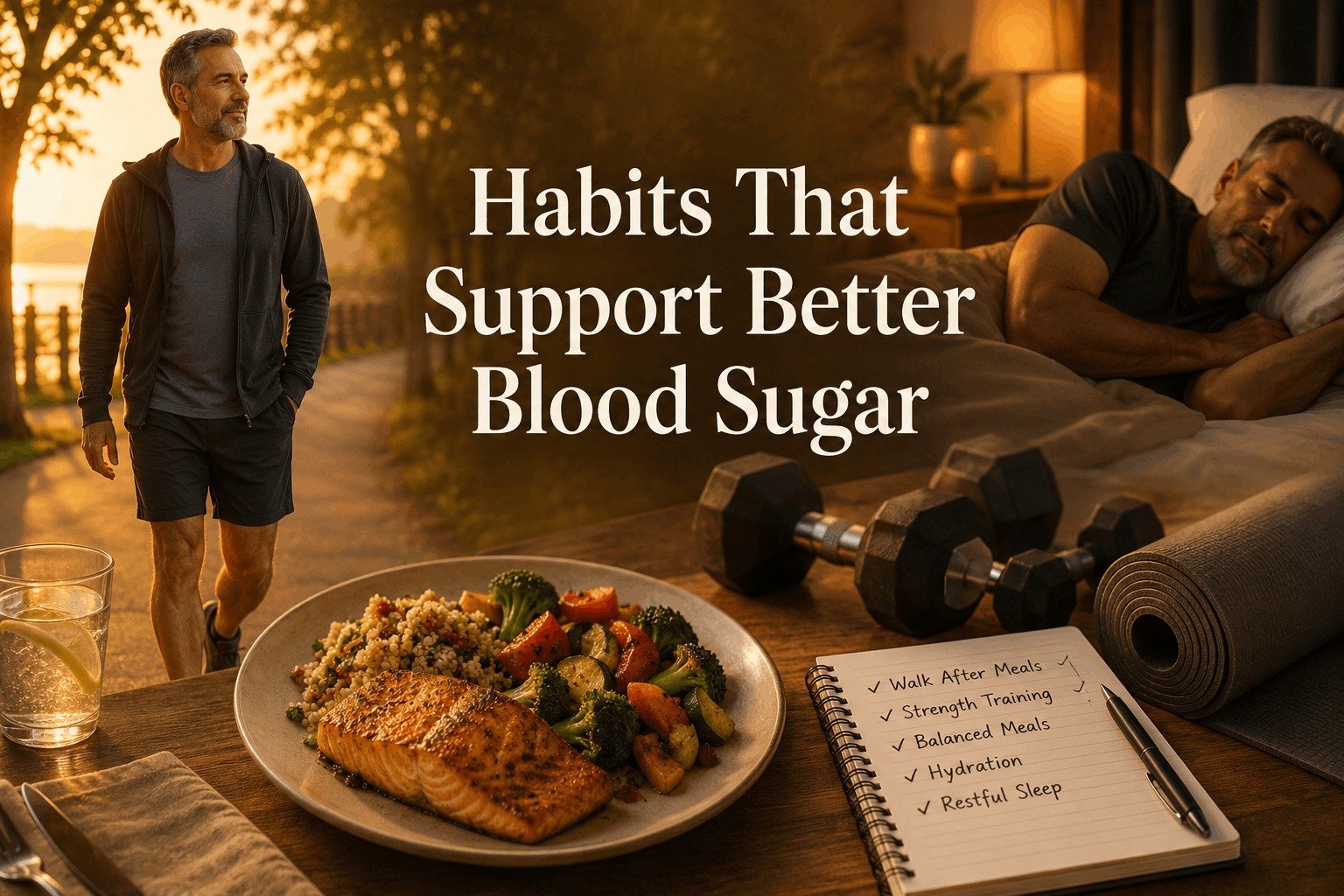 A lifestyle collage graphic titled 'Habits That Support Better Blood Sugar' showing a man walking at sunset, a man sleeping restfully, a plate of grilled salmon with vegetables, and a fitness checklist.