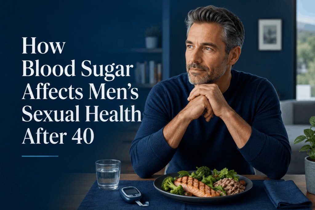 A mature man sitting at a dining table with a healthy meal of salmon and broccoli, looking thoughtful next to a blood sugar monitor.