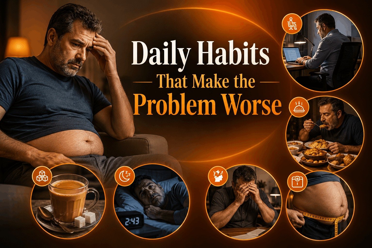 An infographic titled "Daily Habits That Make the Problem Worse," showing a stressed man with circles highlighting unhealthy routines like long sitting, sweet tea with sugar cubes, insomnia, late-night heavy eating, and belly fat gain.