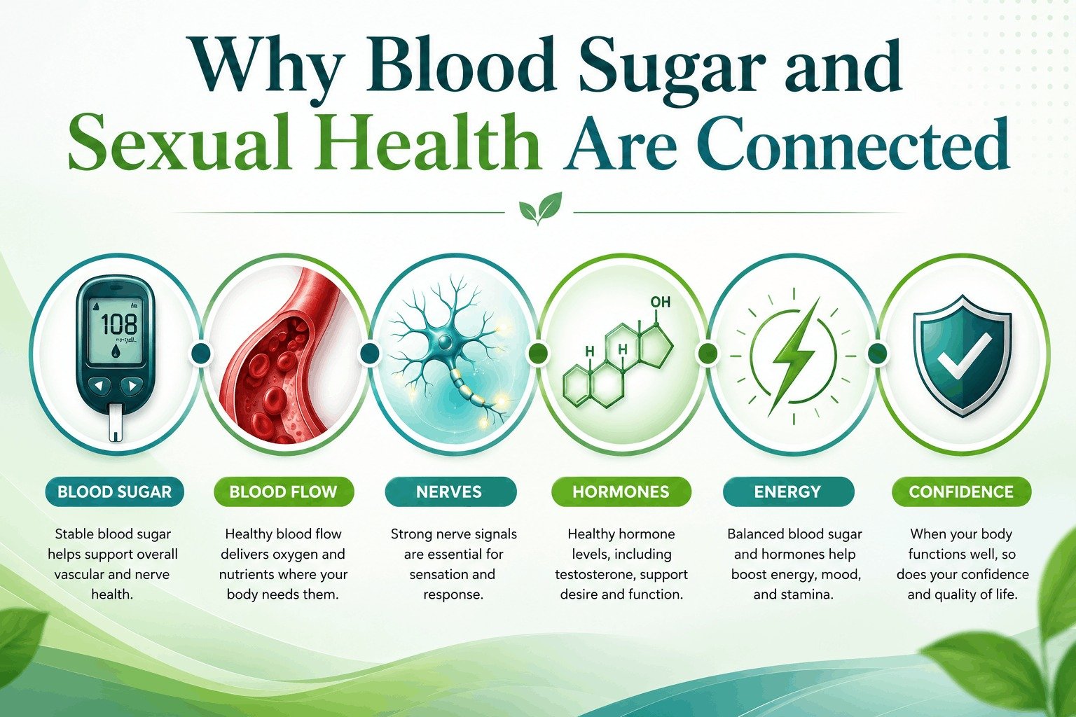 An infographic illustrating the 6 key factors connecting blood sugar and sexual health: blood sugar, blood flow, nerves, hormones, energy, and confidence.