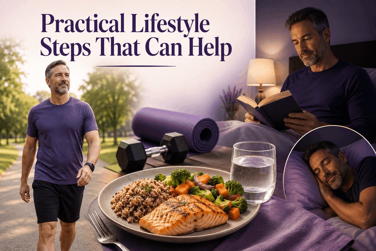 Infographic showing practical lifestyle steps: a man brisk walking outside, a gym mat with dumbbells, a healthy plate of salmon and greens, and a man reading a book before sleeping peacefully.