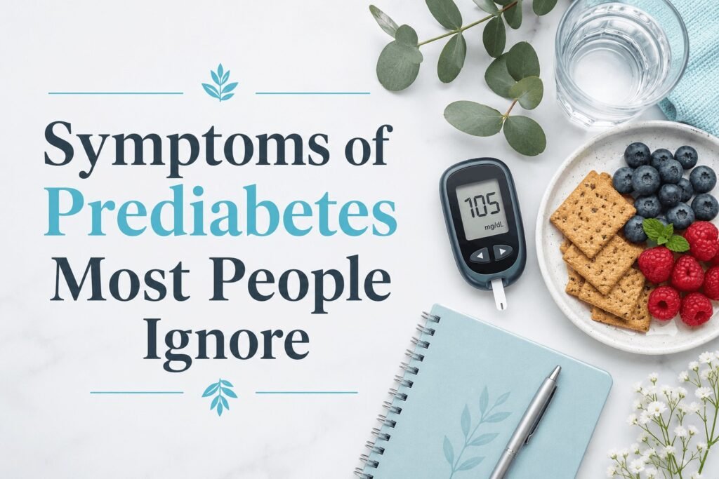 An elegant flat lay with a blood sugar monitor, healthy berries, and a notebook, displaying the text Symptoms of Prediabetes Most People Ignore.