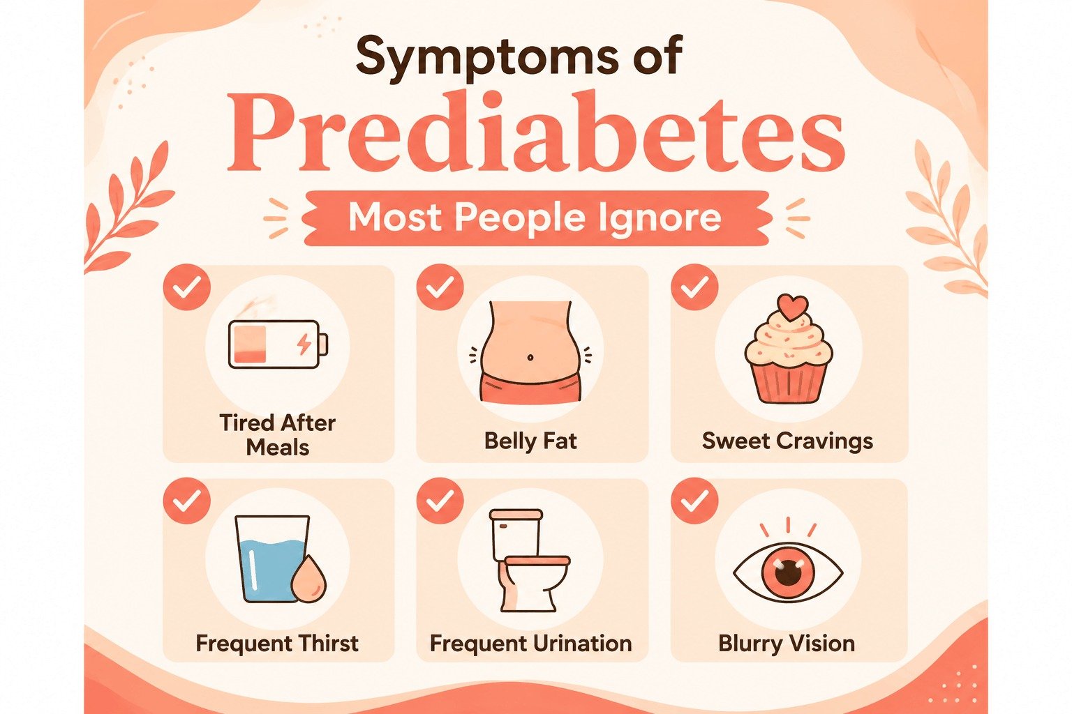 An illustrated infographic showing common symptoms of prediabetes like tired after meals, belly fat, and sweet cravings.
