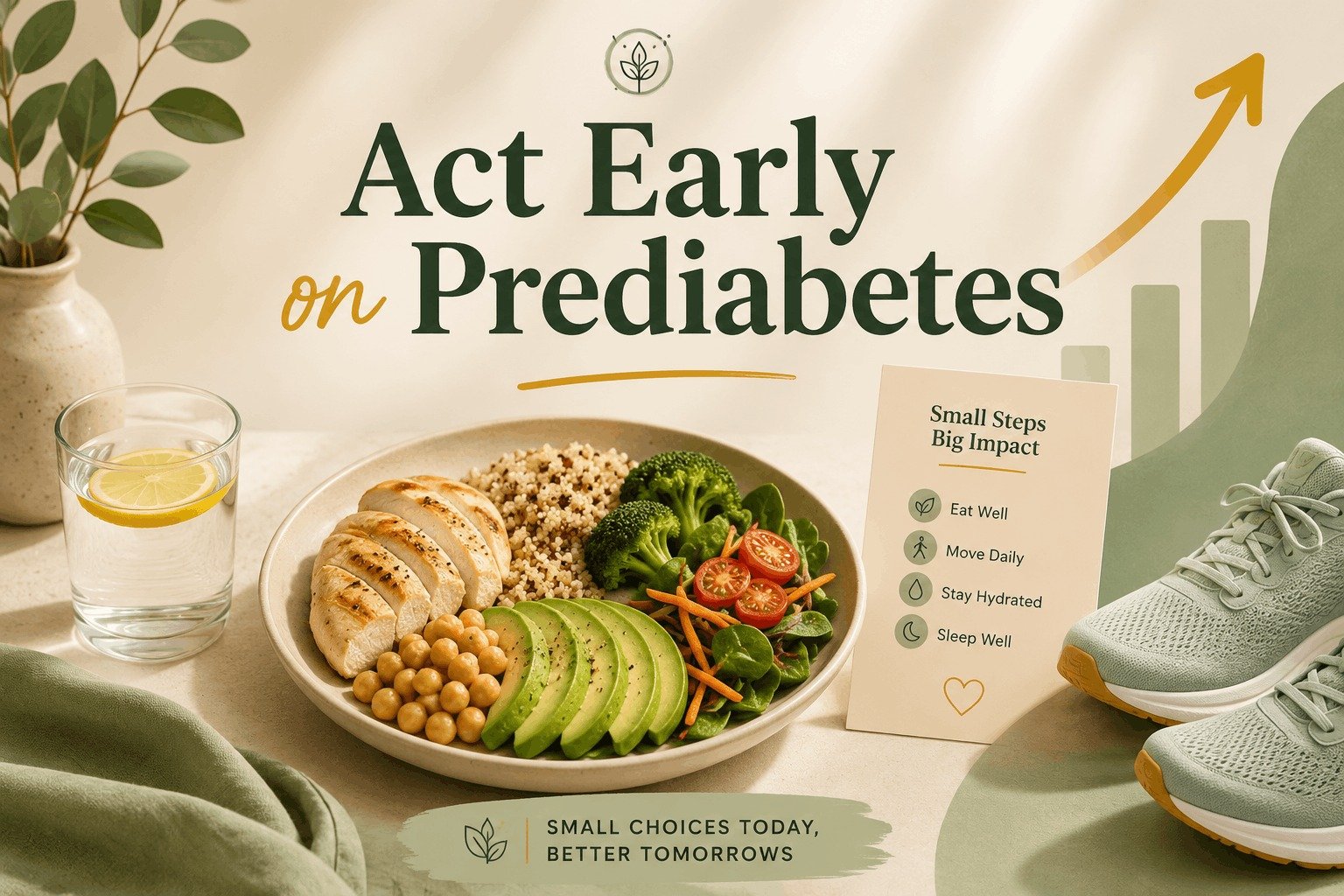 A healthy lifestyle banner showing a balanced chicken and avocado salad bowl with running shoes, text reads Act Early on Prediabetes.