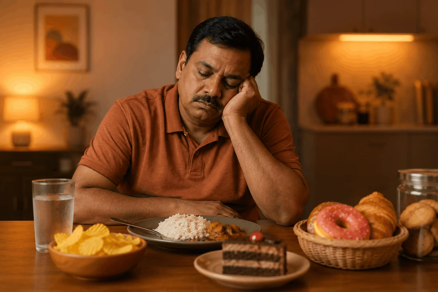A middle-aged man feeling exhausted and sleeping at the dining table right after a heavy carbohydrate meal.