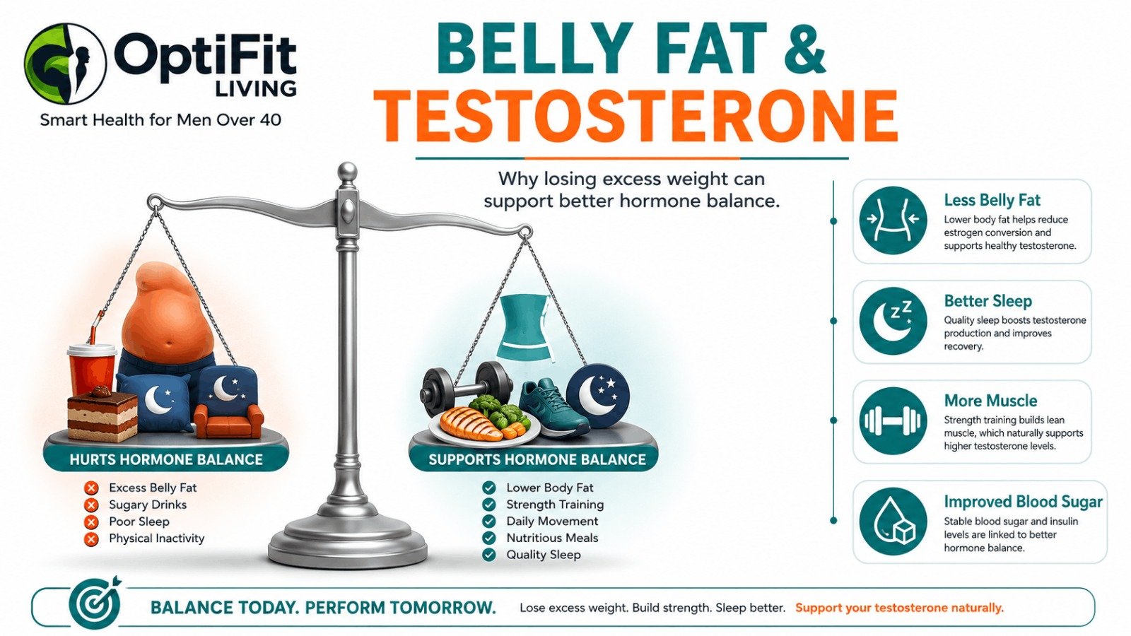 An infographic scale showing how belly fat hurts hormone balance versus how weight loss supports healthy male hormones.