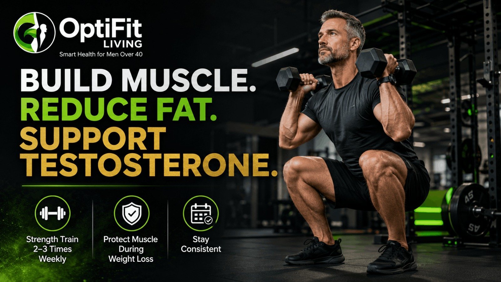 A fit man over 40 performing dumbbell squats in a gym to build muscle and boost testosterone.