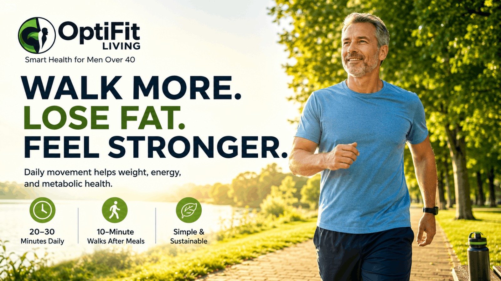 An active middle-aged man walking in a sunny park to improve metabolic health and reduce body fat.