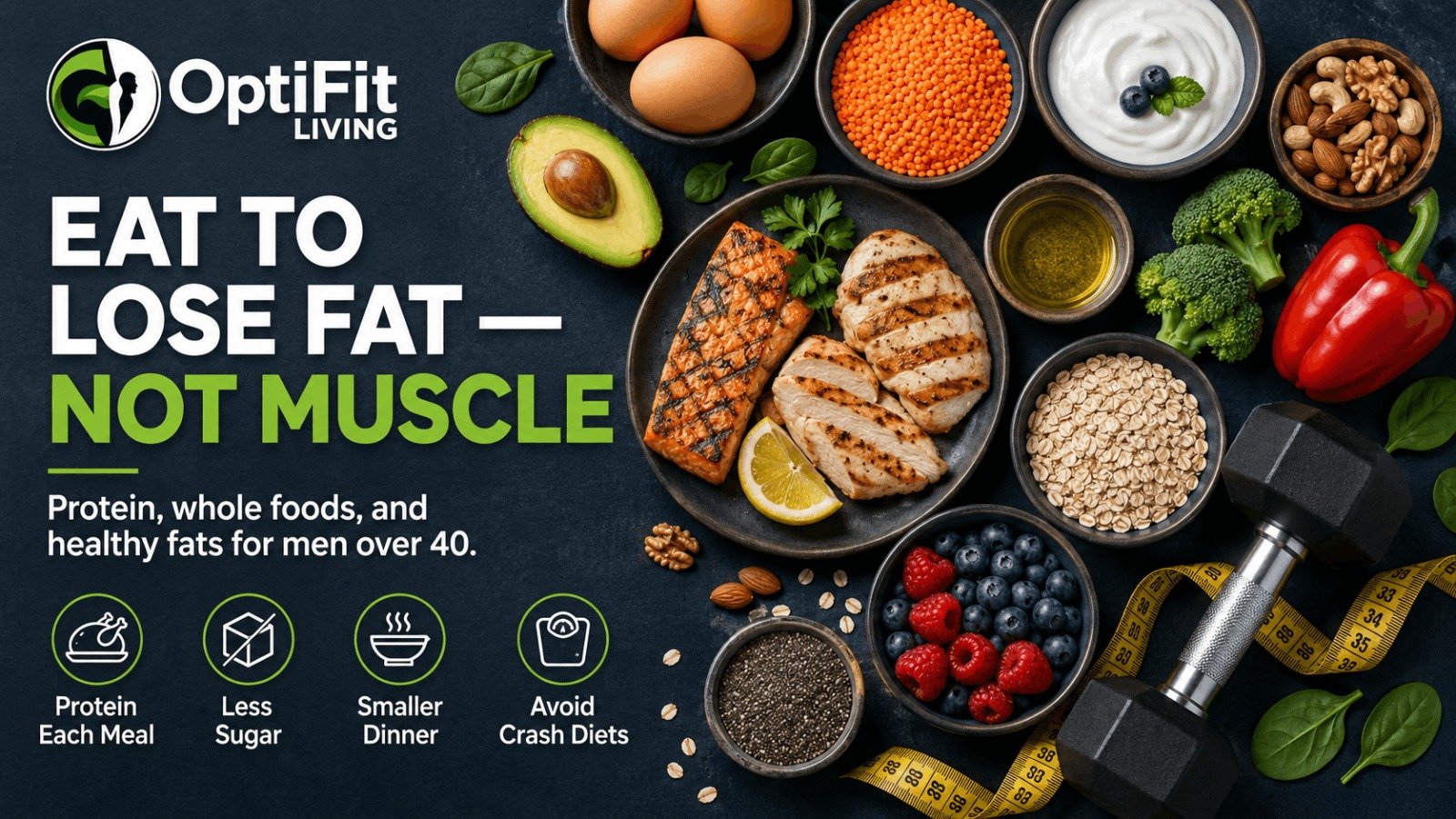A healthy meal layout with salmon, eggs, avocado, and vegetables designed for testosterone support and fat loss.