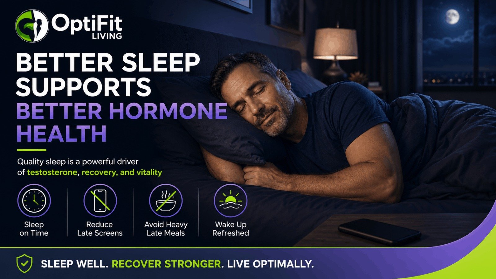 A man over 40 sleeping peacefully in a dark room to naturally optimize overnight testosterone production.