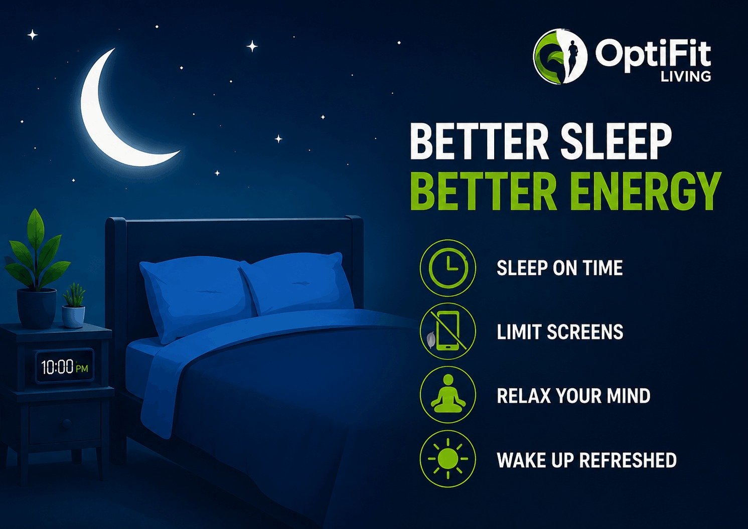 A bedroom scene at night with tips to improve sleep quality, reduce screen time, and wake up refreshed.