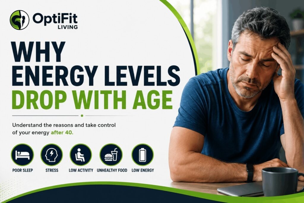 A tired middle-aged man sitting at a table next to a glowing low battery graphic, illustrating declining energy levels in men over 40.