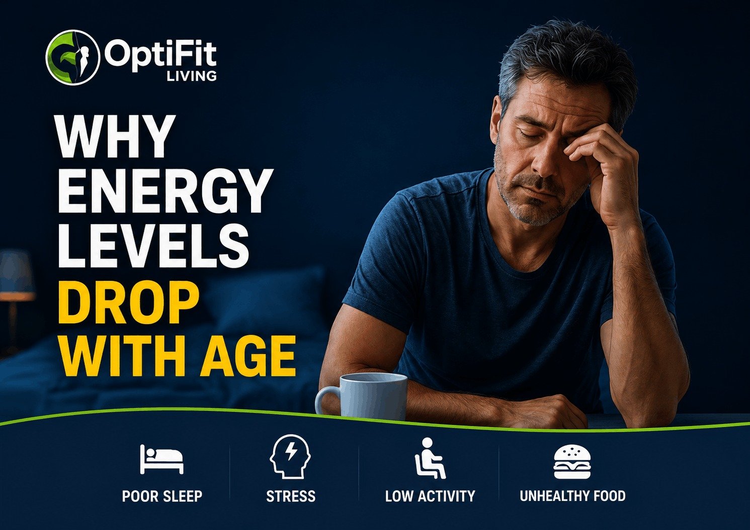 An exhausted man holding his head in a dimly lit bedroom, representing symptoms of physical and mental fatigue.