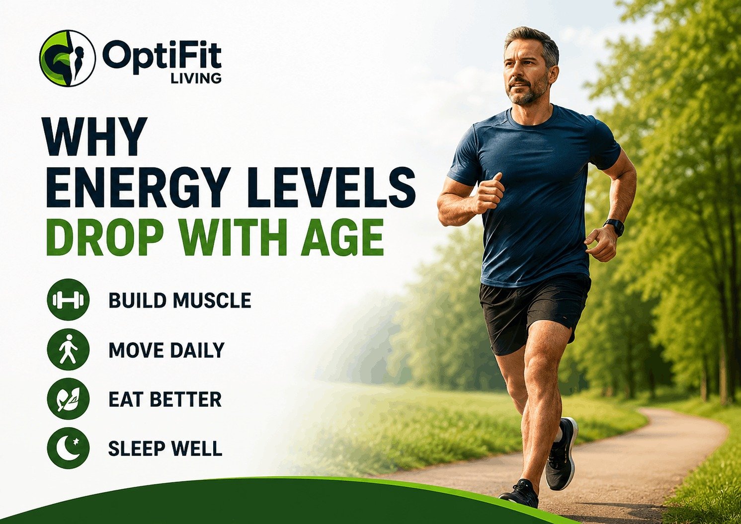 A fit, middle-aged man running on a park path, highlighting daily movement and building muscle as solutions for energy.