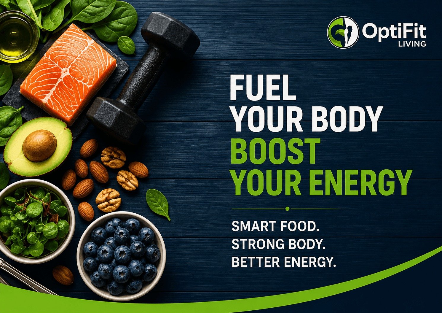 A wooden background with healthy foods like salmon, avocado, spinach, and blueberries next to a dumbbell, representing energy-boosting nutrition.