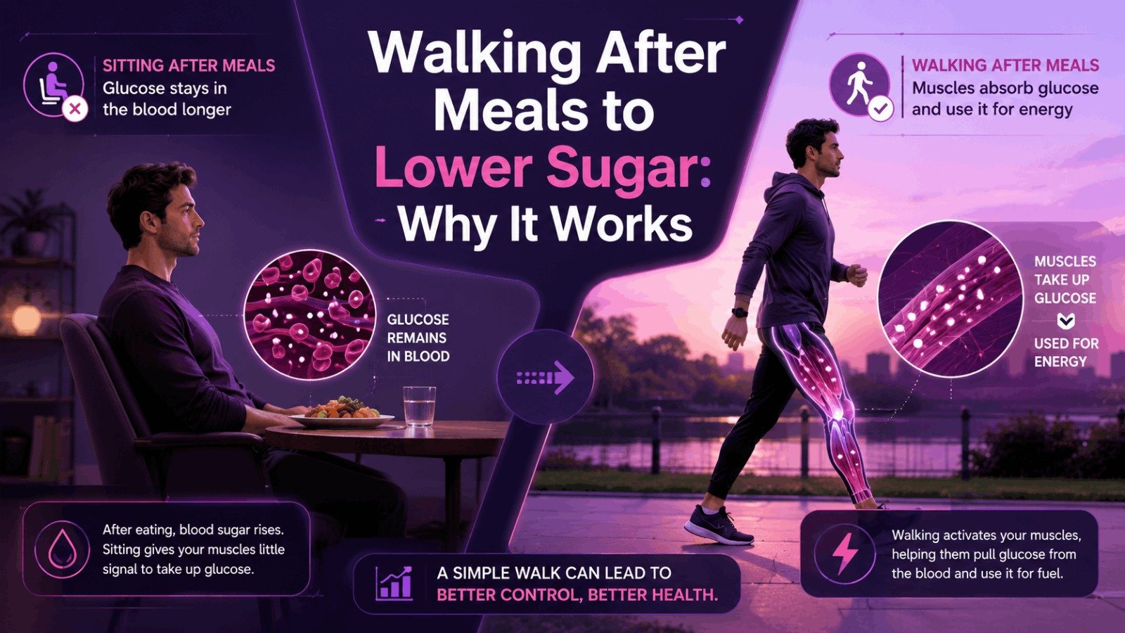 Graphic illustrating why blood sugar management matters more after 40 including belly fat, stress, and sleep changes.