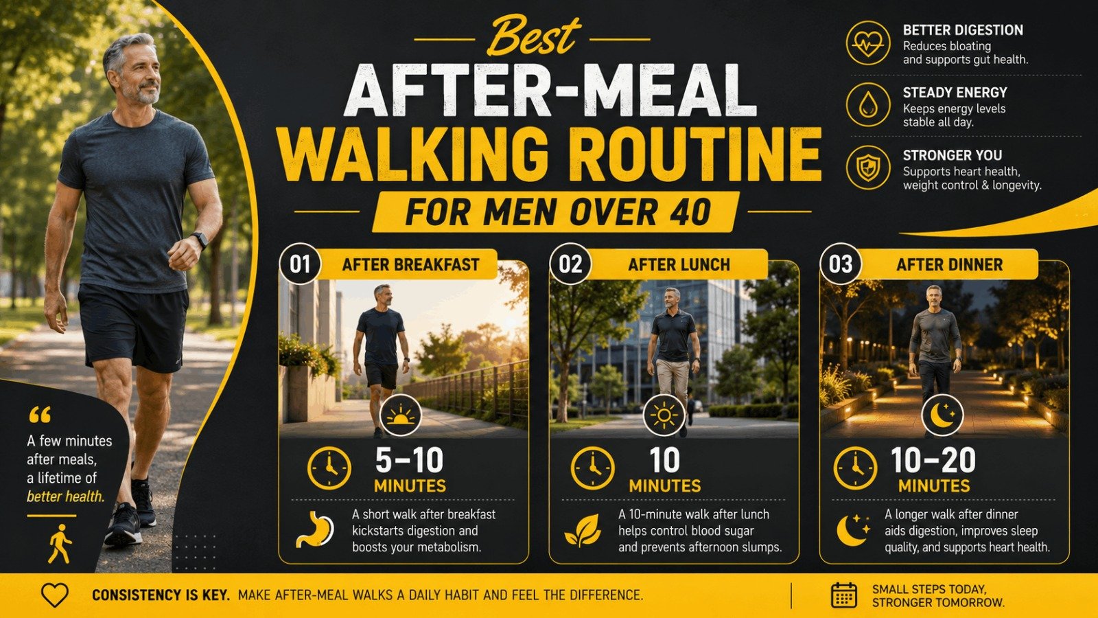 A structured post-meal walk routine showing how long to walk after eating for breakfast, lunch, and dinner.