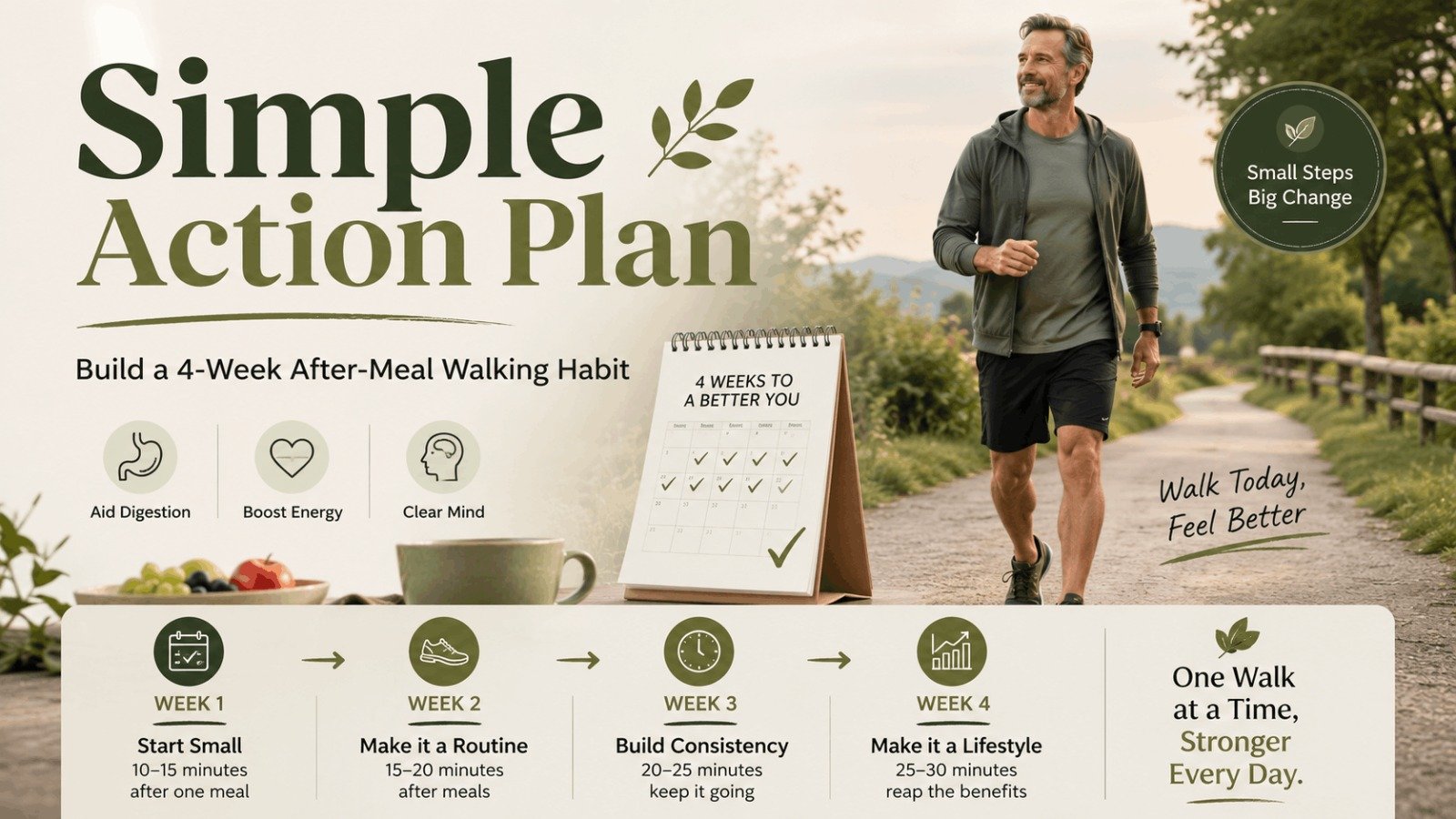 A step-by-step 4-week roadmap to unlock post-meal walk benefits for better digestion and long-term vitality.