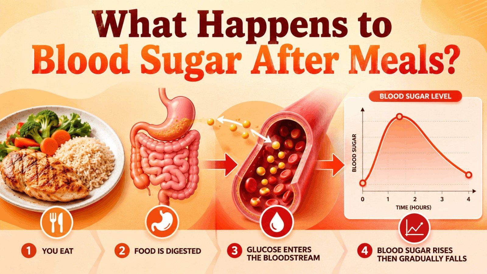 An infographic chart showing what happens to blood sugar after meals and how glucose enters the bloodstream.