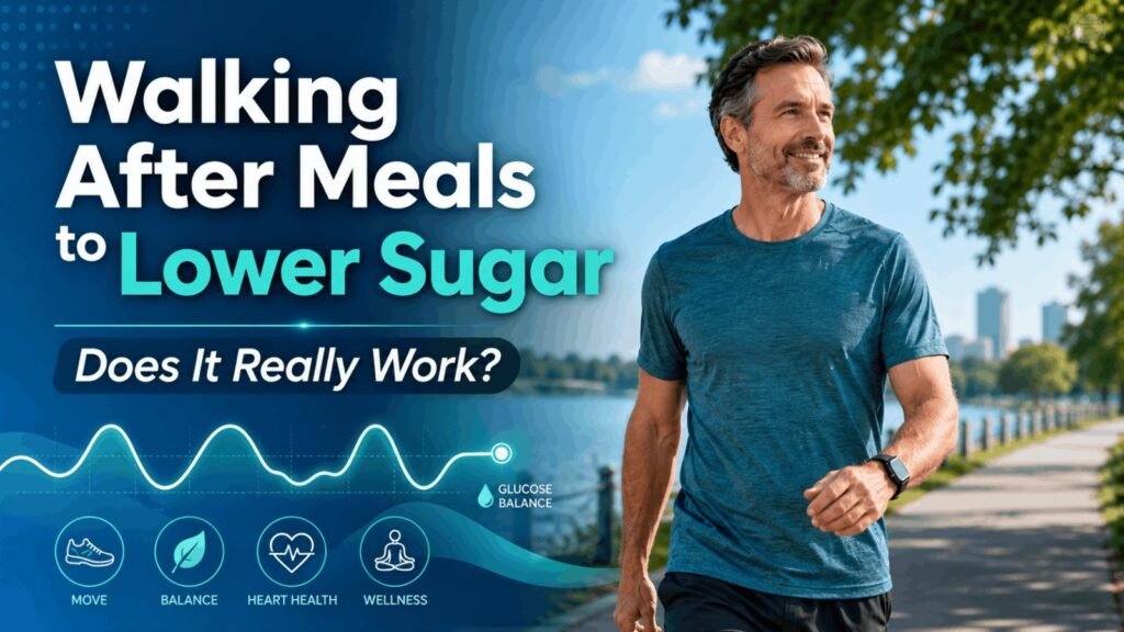 A healthy man over 40 walking after meals outdoors to improve glucose balance and metabolic health.