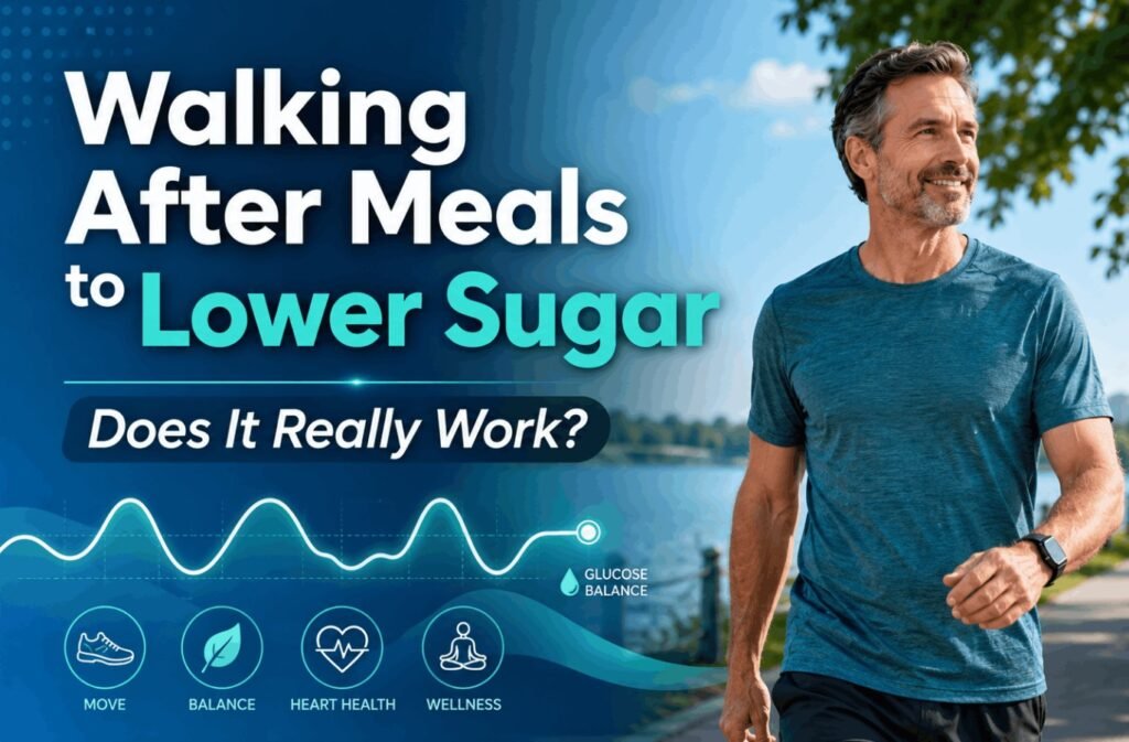 A healthy man over 40 walking after meals outdoors to improve glucose balance and metabolic health.