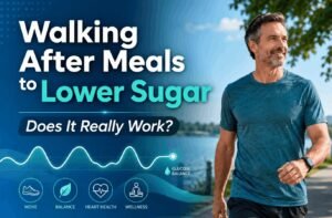A healthy man over 40 walking after meals outdoors to improve glucose balance and metabolic health.