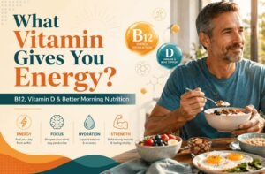 A man over 40 waking up in the morning and drinking a glass of water, highlighting what vitamin gives you energy and best morning habits.