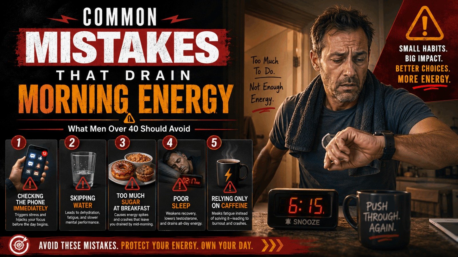 Infographic listing common morning mistakes for men over 40, such as checking phones immediately, skipping water, and relying on caffeine.